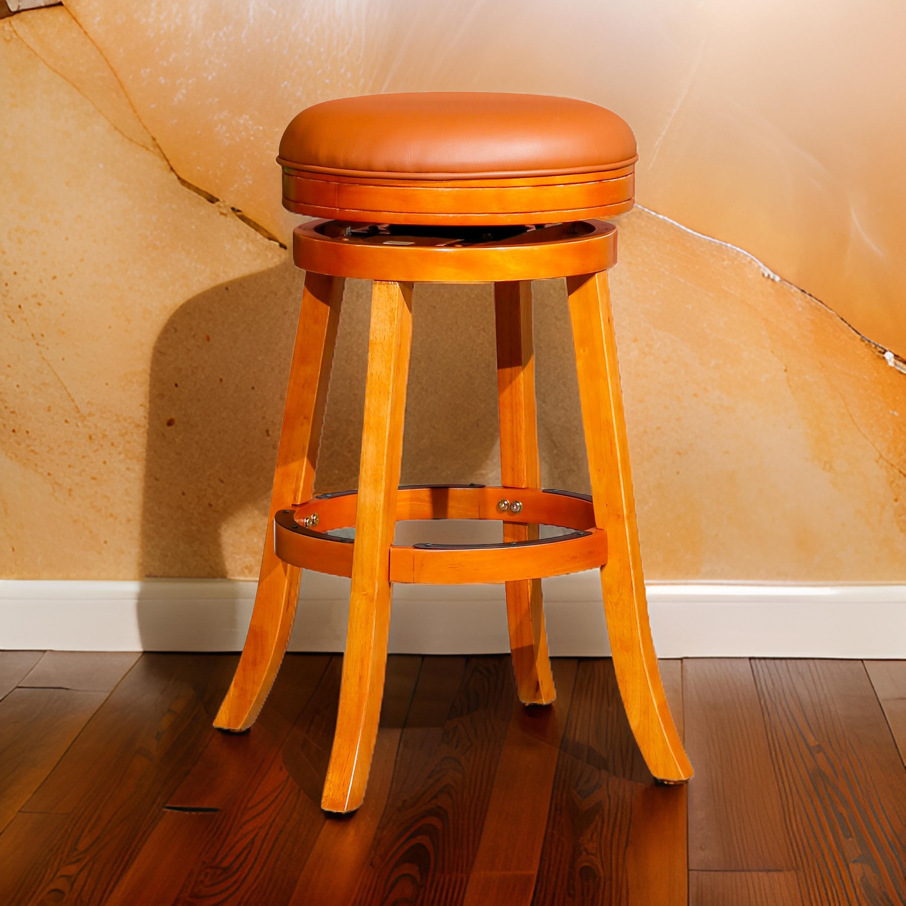 Benjara Opi 30 Inch Swivel Barstool, Bonded Leather Seat, Natural Brown Solid Wood