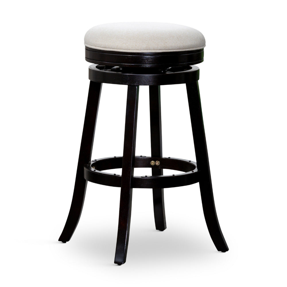 Benjara Opi 30 Inch Swivel Barstool, Beige Polyester, Espresso Brown Solid Wood
