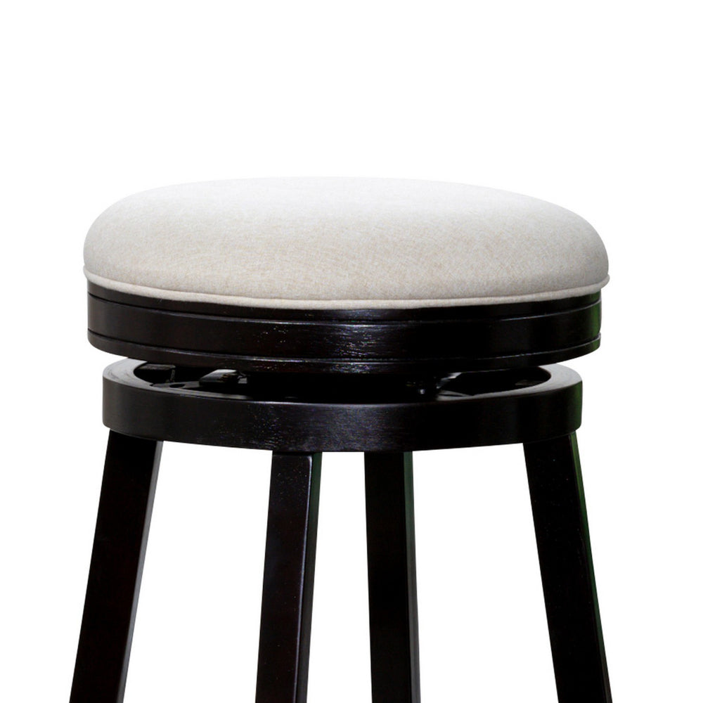 Benjara Opi 30 Inch Swivel Barstool, Beige Polyester, Espresso Brown Solid Wood