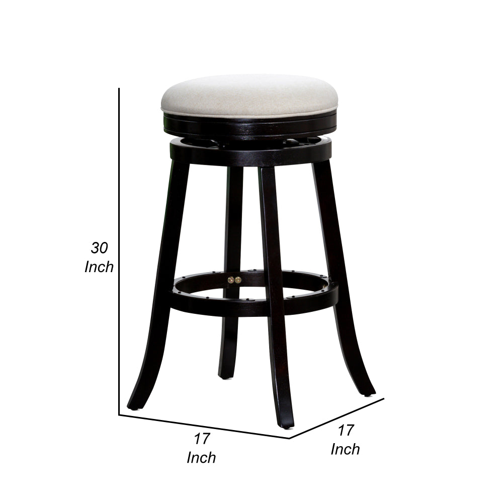 Benjara Opi 30 Inch Swivel Barstool, Beige Polyester, Espresso Brown Solid Wood