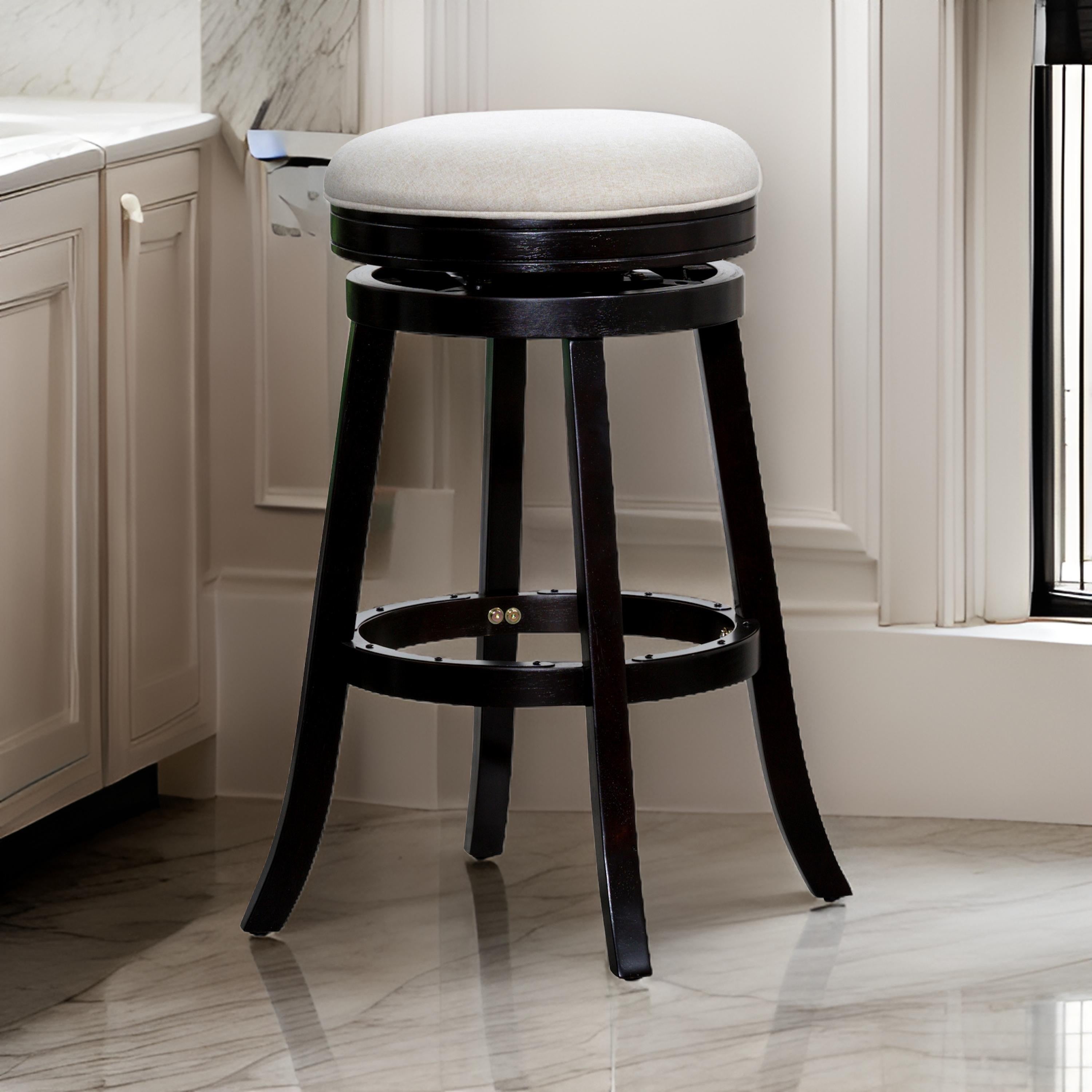 Benjara Opi 30 Inch Swivel Barstool, Beige Polyester, Espresso Brown Solid Wood