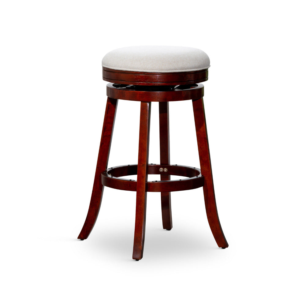 Benjara Opi 30 Inch Swivel Barstool, Beige Polyester, Cherry Brown Solid Wood