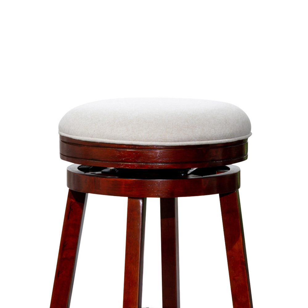 Benjara Opi 30 Inch Swivel Barstool, Beige Polyester, Cherry Brown Solid Wood