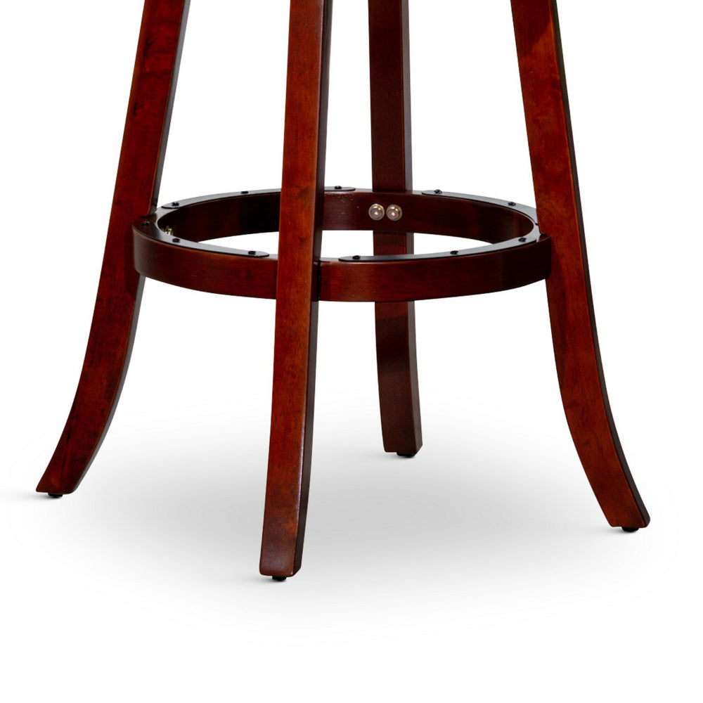 Benjara Opi 30 Inch Swivel Barstool, Beige Polyester, Cherry Brown Solid Wood