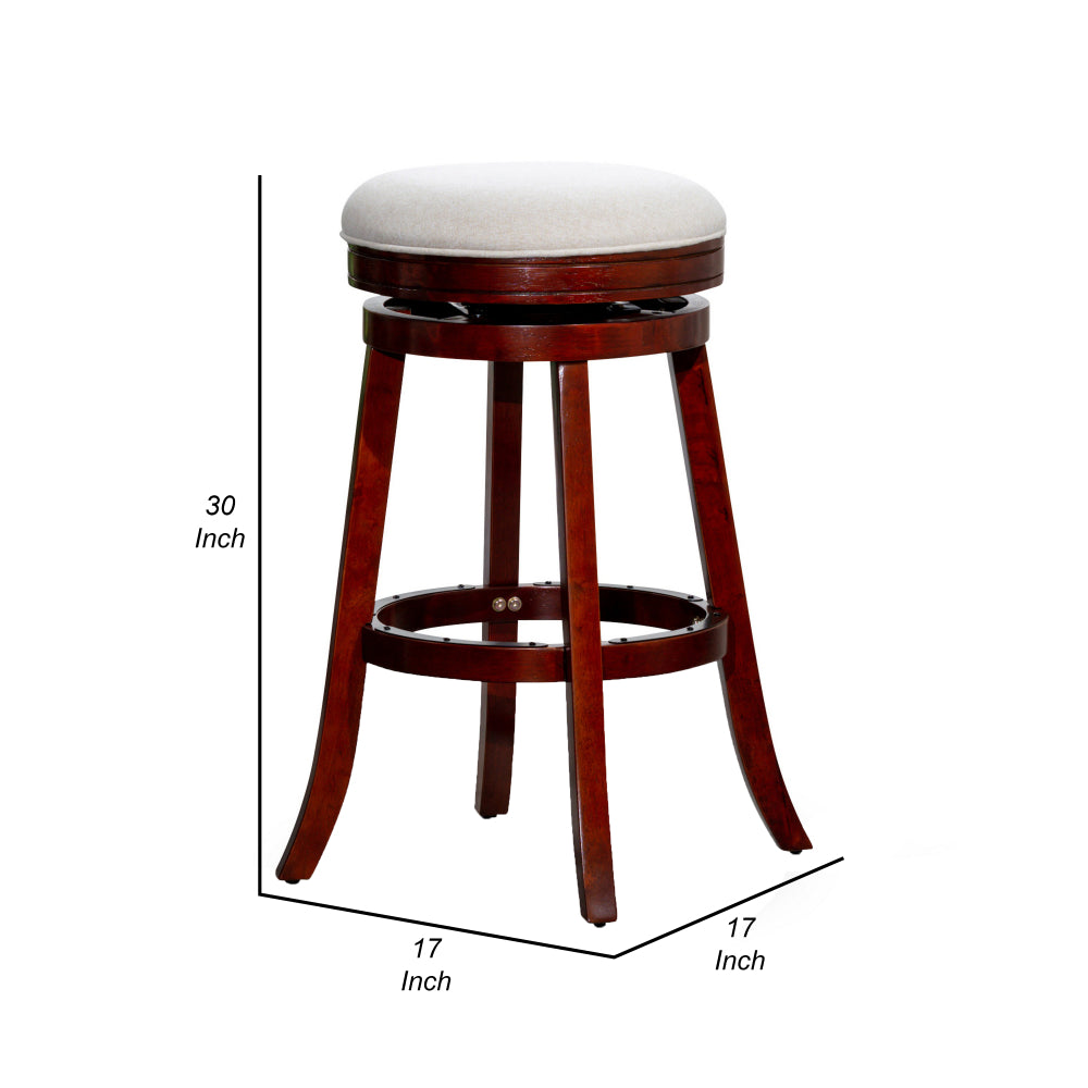 Benjara Opi 30 Inch Swivel Barstool, Beige Polyester, Cherry Brown Solid Wood