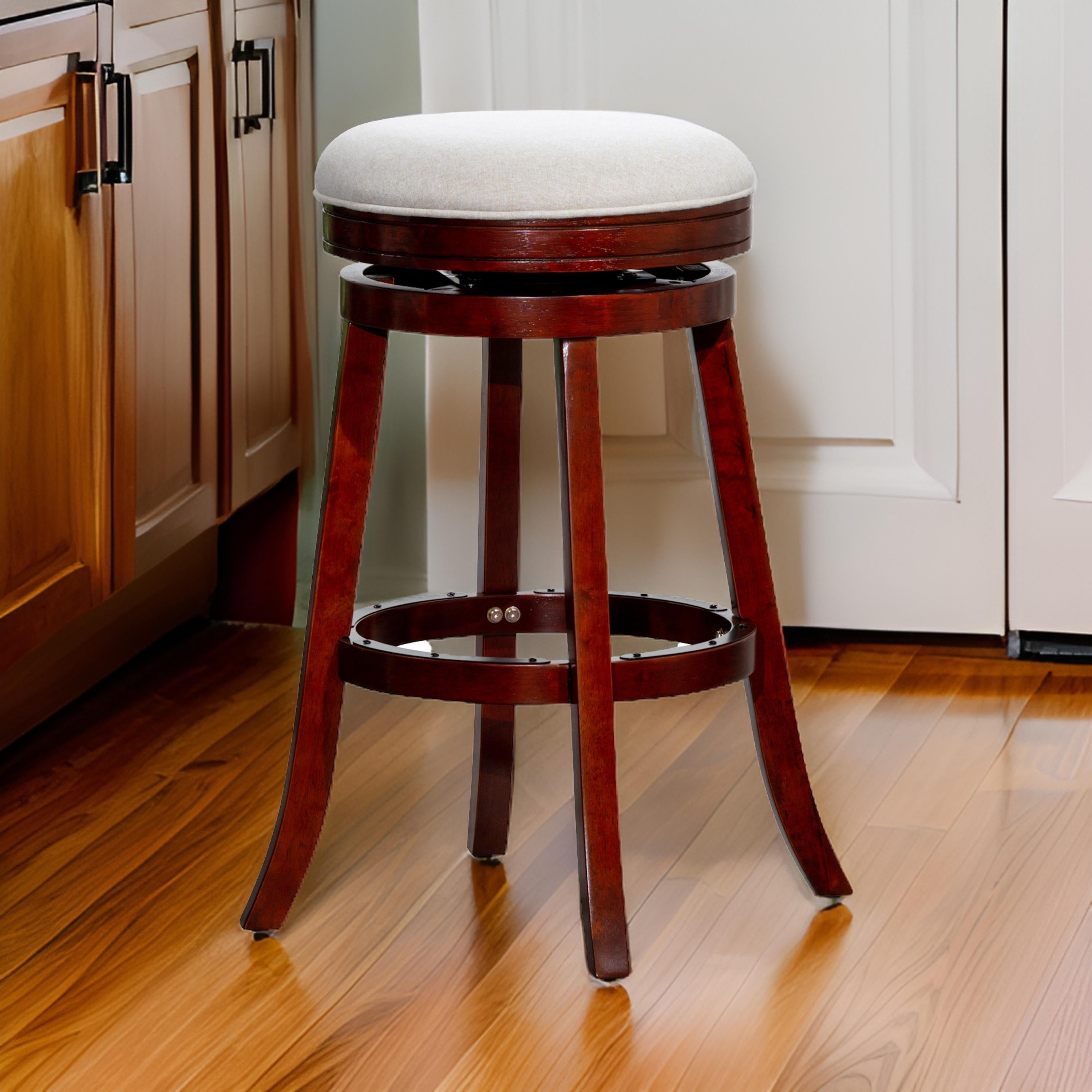 Benjara Opi 30 Inch Swivel Barstool, Beige Polyester, Cherry Brown Solid Wood