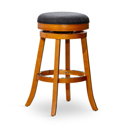 Benjara Opi 30 Inch Swivel Barstool, Gray Polyester, Natural Brown Solid Wood