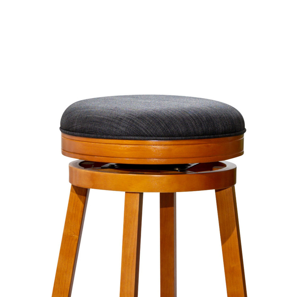 Benjara Opi 30 Inch Swivel Barstool, Gray Polyester, Natural Brown Solid Wood