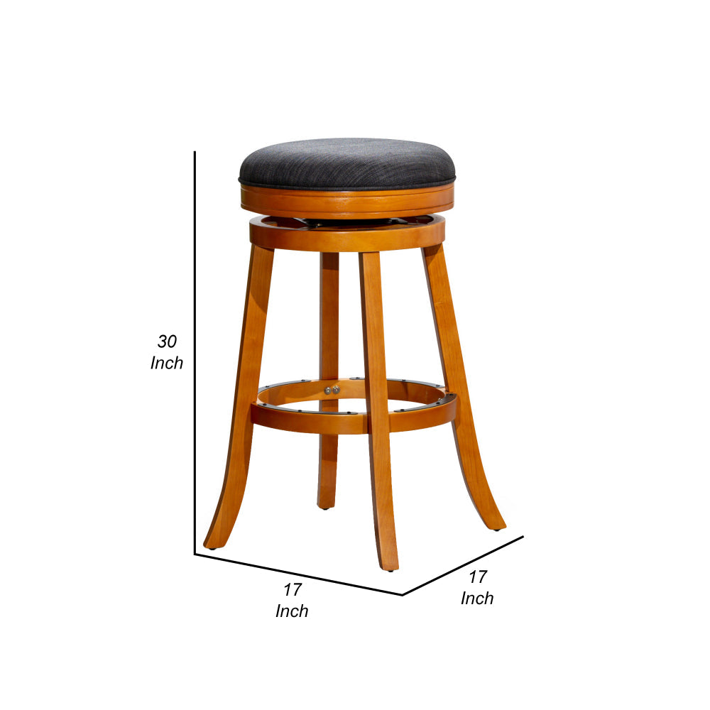 Benjara Opi 30 Inch Swivel Barstool, Gray Polyester, Natural Brown Solid Wood