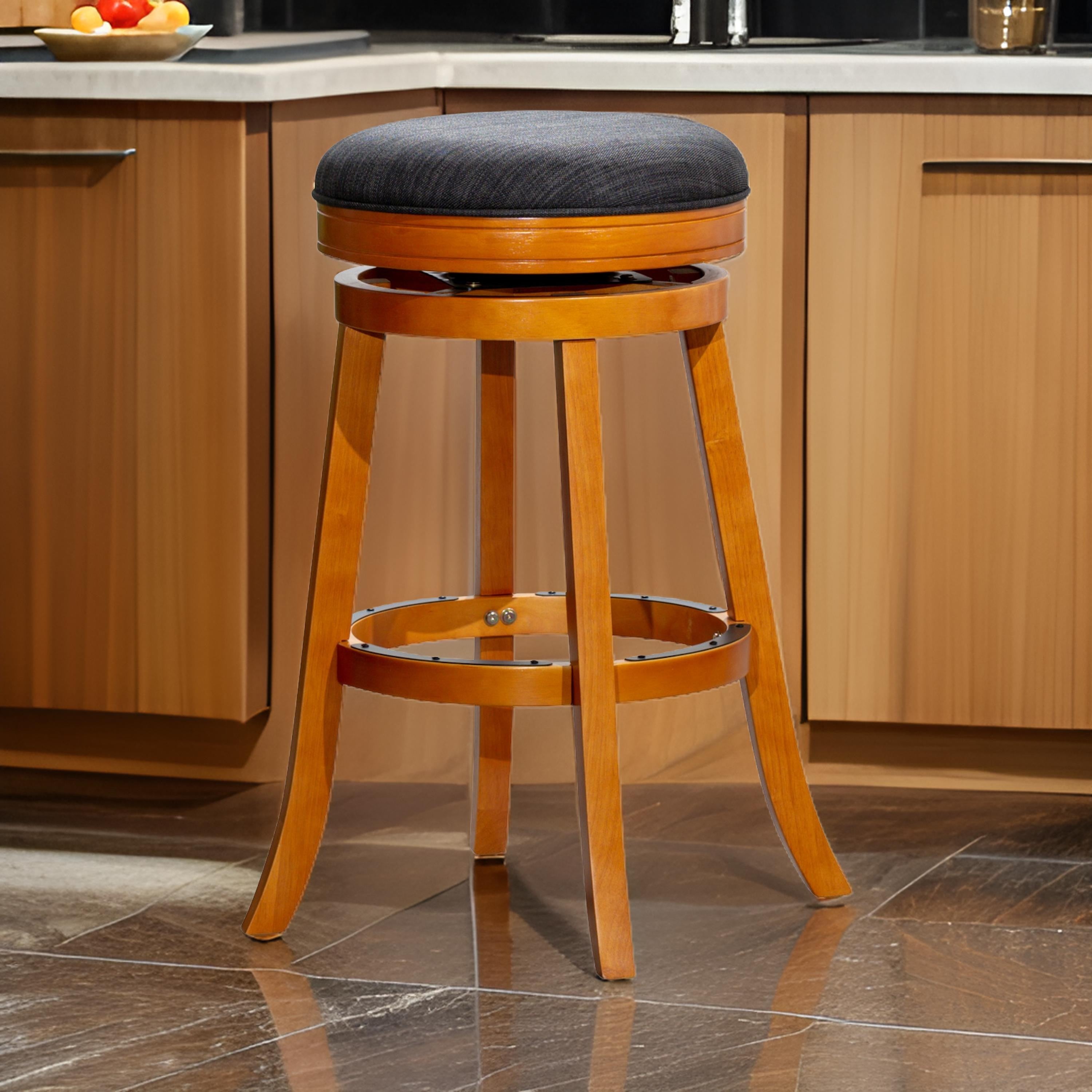 Benjara Opi 30 Inch Swivel Barstool, Gray Polyester, Natural Brown Solid Wood