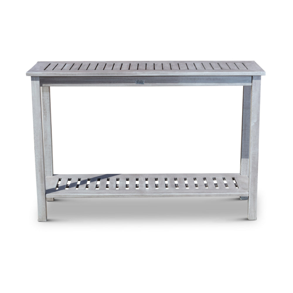 Benjara 48 Inch Console Table, 2 Shelves, Slatted Design, Eucalyptus Silver Gray