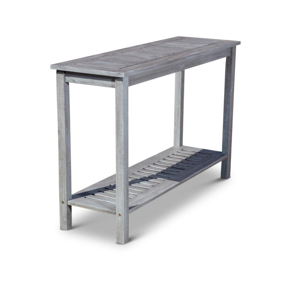 Benjara 48 Inch Console Table, 2 Shelves, Slatted Design, Eucalyptus Silver Gray