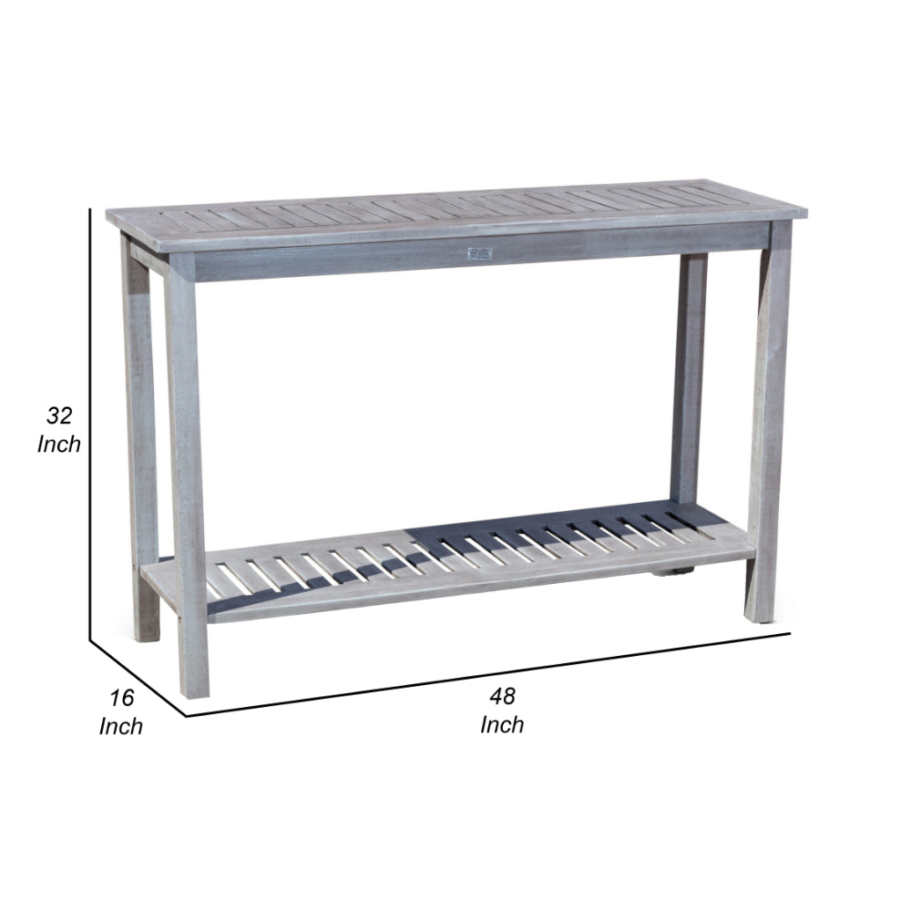 Benjara 48 Inch Console Table, 2 Shelves, Slatted Design, Eucalyptus Silver Gray