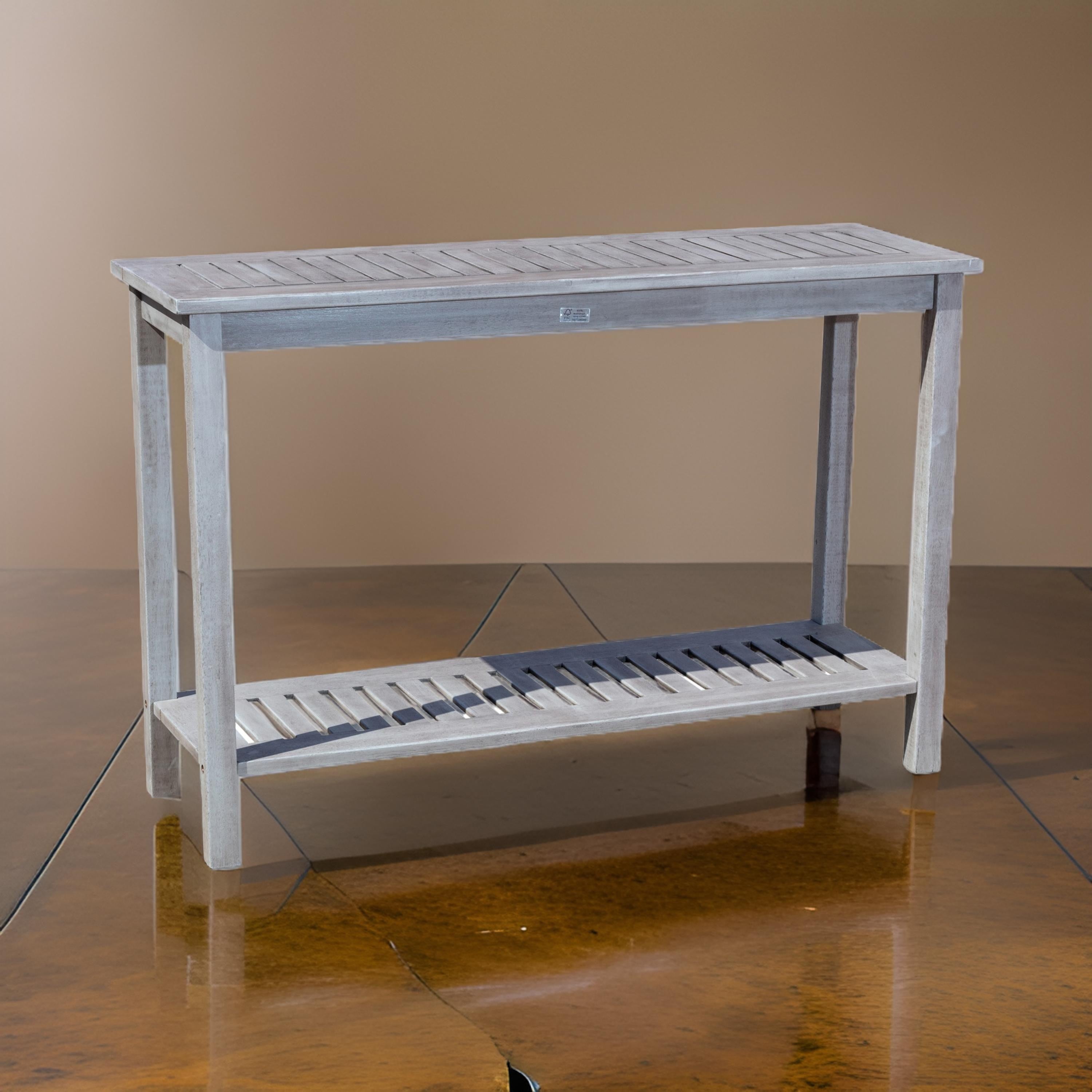 Benjara 48 Inch Console Table, 2 Shelves, Slatted Design, Eucalyptus Silver Gray