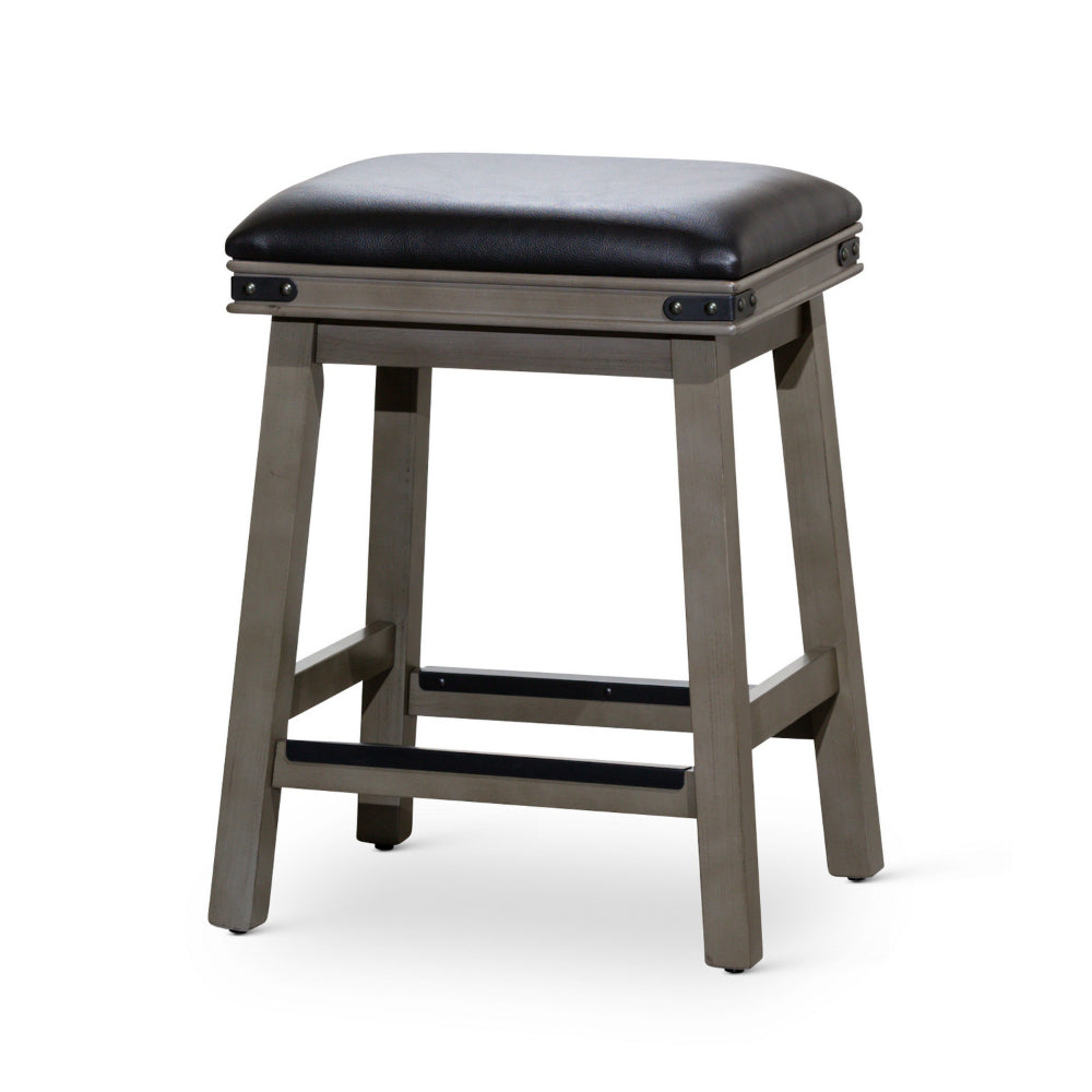 Benjara Nio 24 Inch Counter Stool, Saddle Black Bonded Leather, Weathered Gray