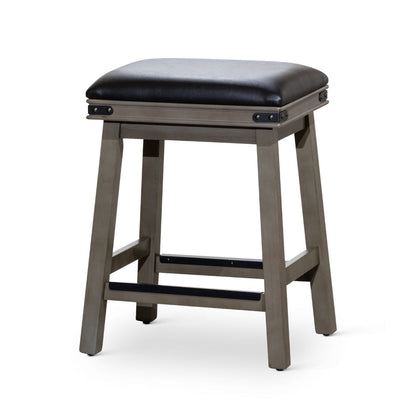 Benjara Nio 24 Inch Counter Stool, Saddle Black Bonded Leather, Weathered Gray
