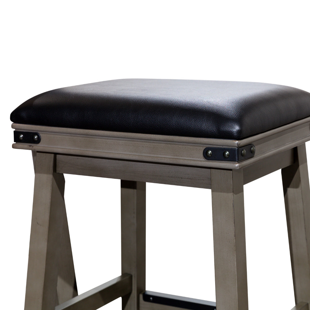 Benjara Nio 24 Inch Counter Stool, Saddle Black Bonded Leather, Weathered Gray