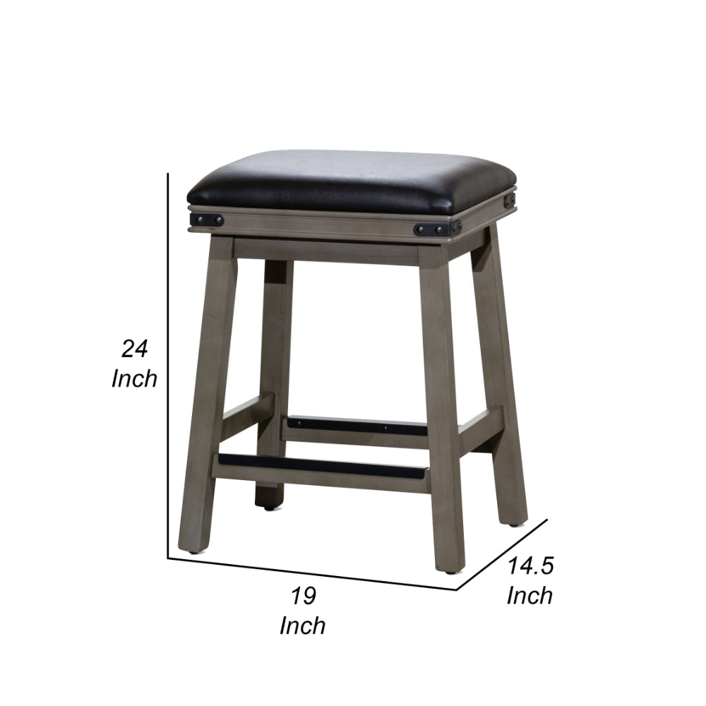Benjara Nio 24 Inch Counter Stool, Saddle Black Bonded Leather, Weathered Gray
