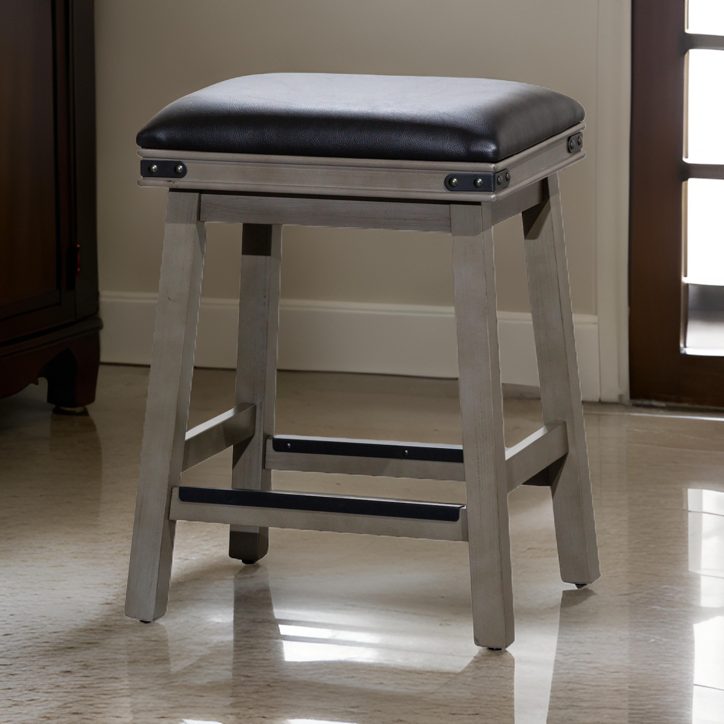 Benjara Nio 24 Inch Counter Stool, Saddle Black Bonded Leather, Weathered Gray