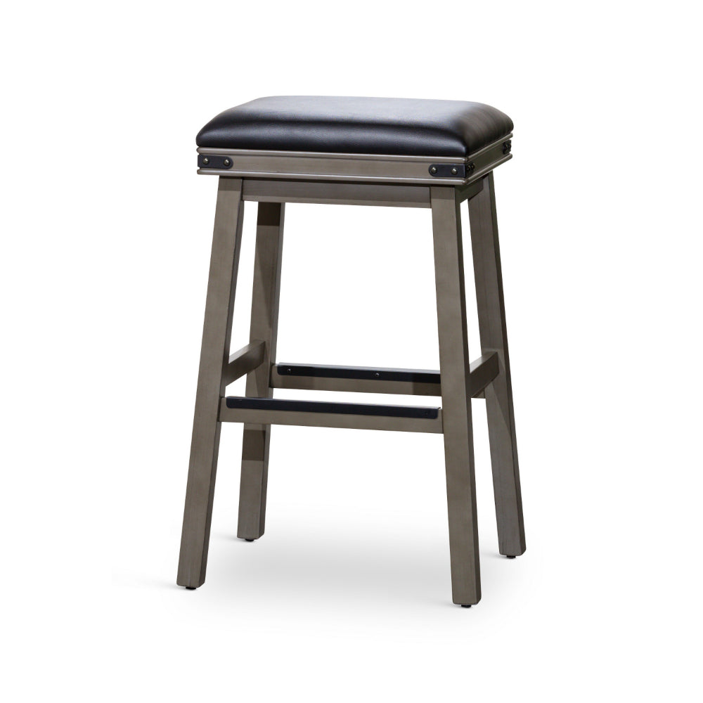 Benjara Nio 30 Inch Barstool, Saddle Black Bonded Leather Weathered Gray Solid Wood