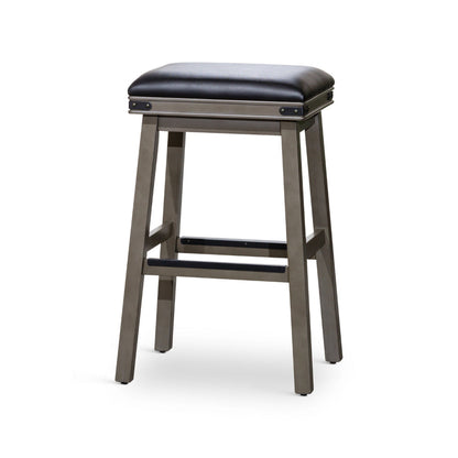 Benjara Nio 30 Inch Barstool, Saddle Black Bonded Leather Weathered Gray Solid Wood
