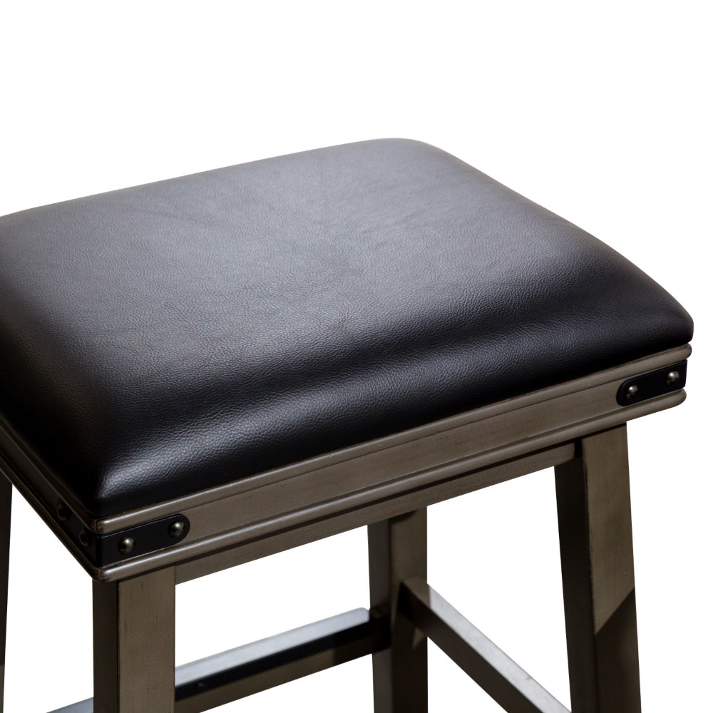 Benjara Nio 30 Inch Barstool, Saddle Black Bonded Leather Weathered Gray Solid Wood