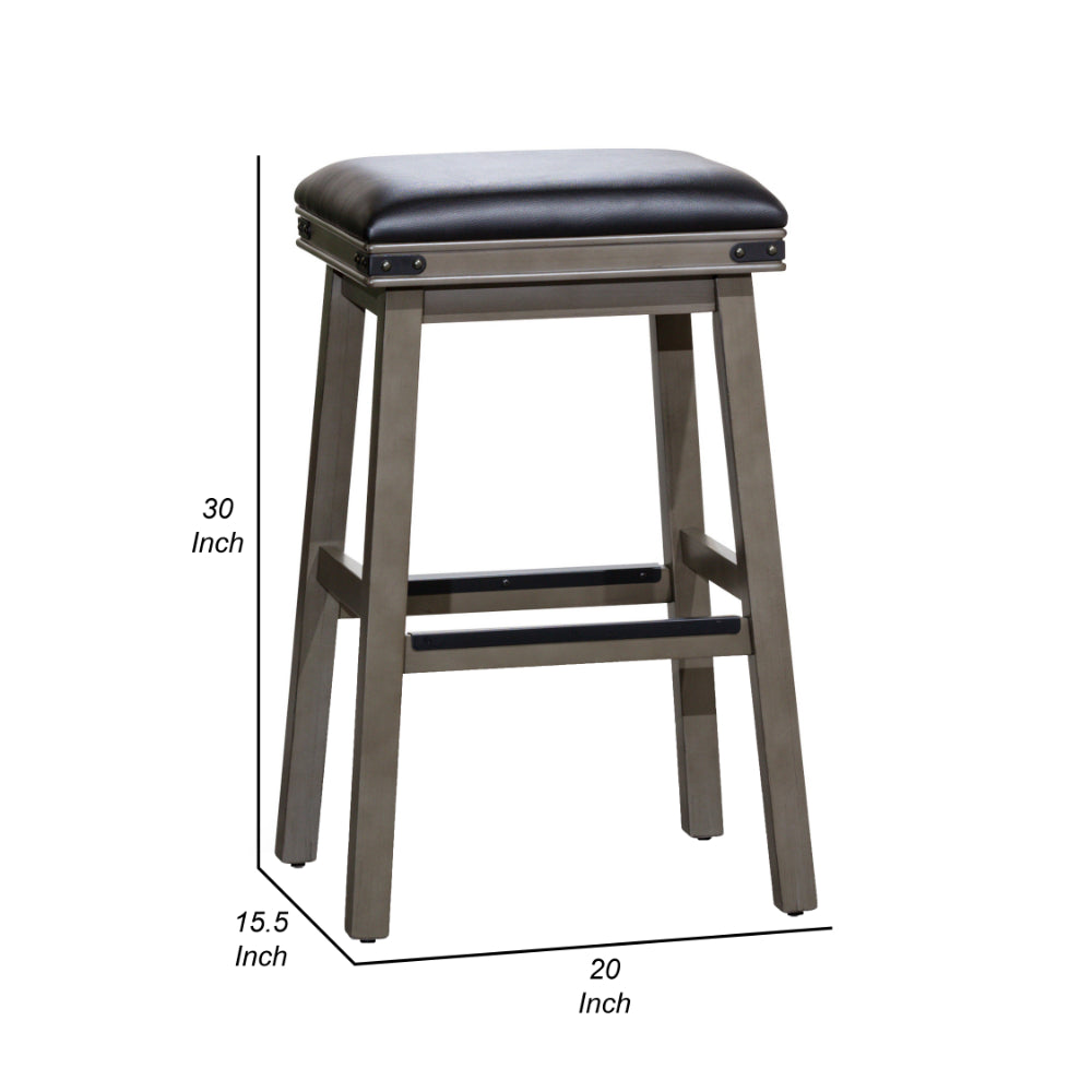 Benjara Nio 30 Inch Barstool, Saddle Black Bonded Leather Weathered Gray Solid Wood
