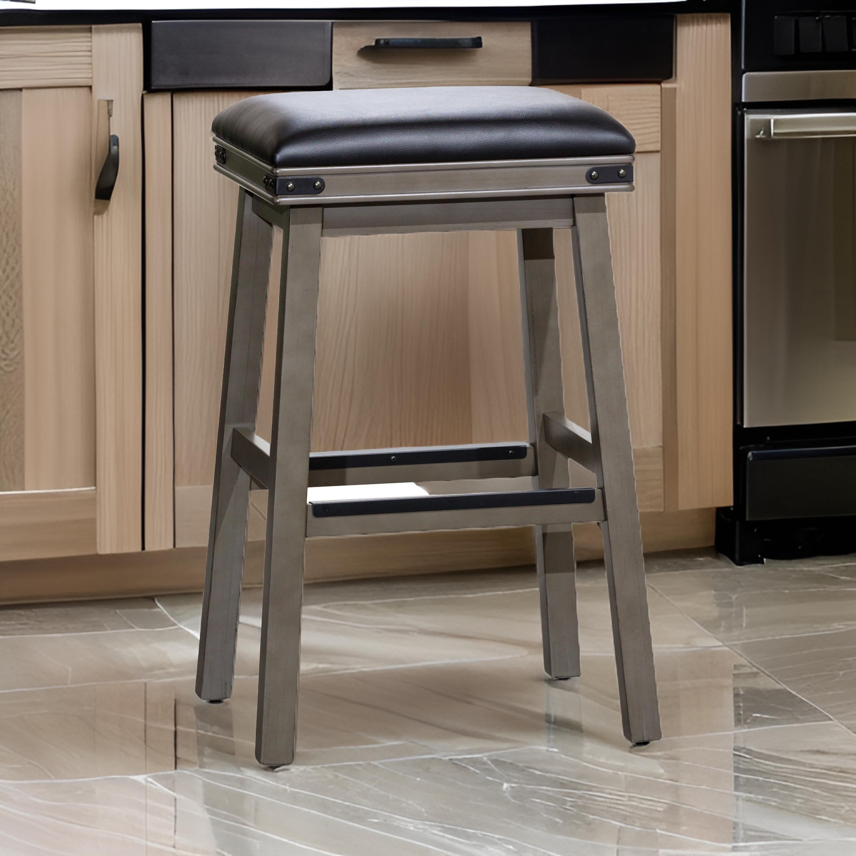 Benjara Nio 30 Inch Barstool, Saddle Black Bonded Leather Weathered Gray Solid Wood