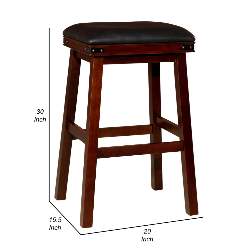 Benjara Nio 30 Inch Barstool, Black Bonded Leather Seat, Espresso Brown Solid Wood
