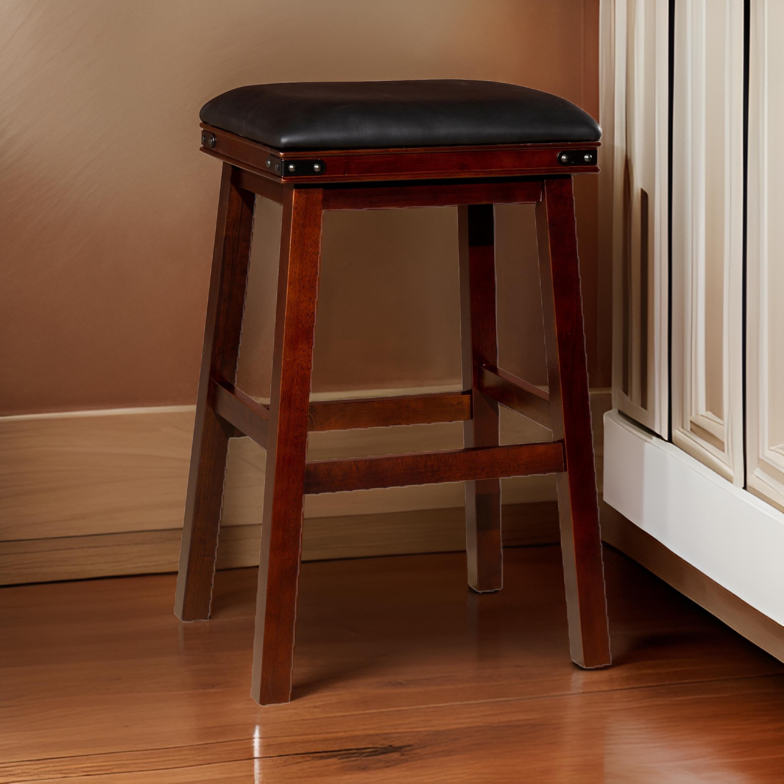Benjara Nio 30 Inch Barstool, Black Bonded Leather Seat, Espresso Brown Solid Wood