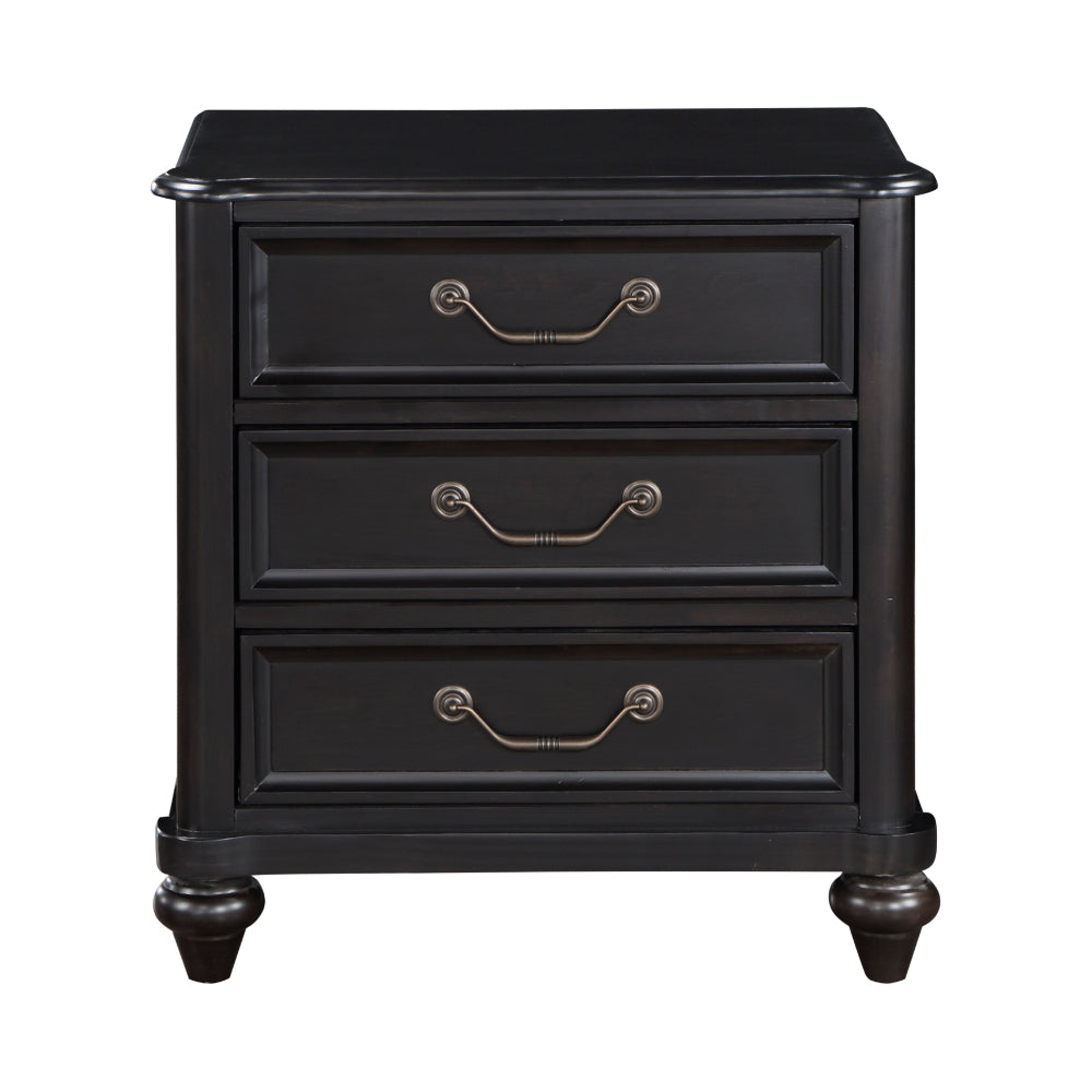 Benjara Vix 27 Inch Nightstand, 3 Drawers, Molded Design Pewter Drop Handles, Black