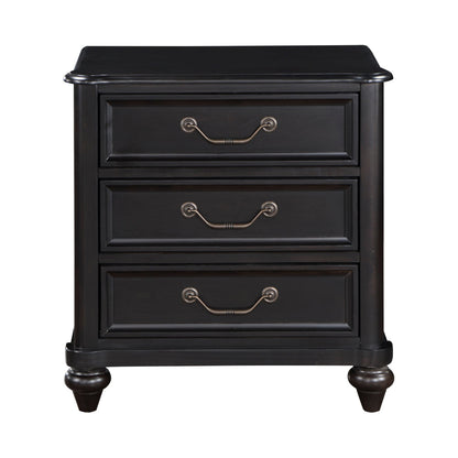 Benjara Vix 27 Inch Nightstand, 3 Drawers, Molded Design Pewter Drop Handles, Black