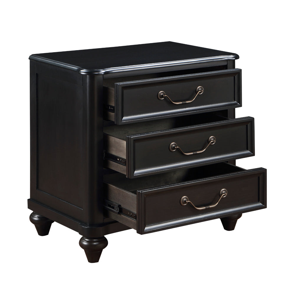 Benjara Vix 27 Inch Nightstand, 3 Drawers, Molded Design Pewter Drop Handles, Black