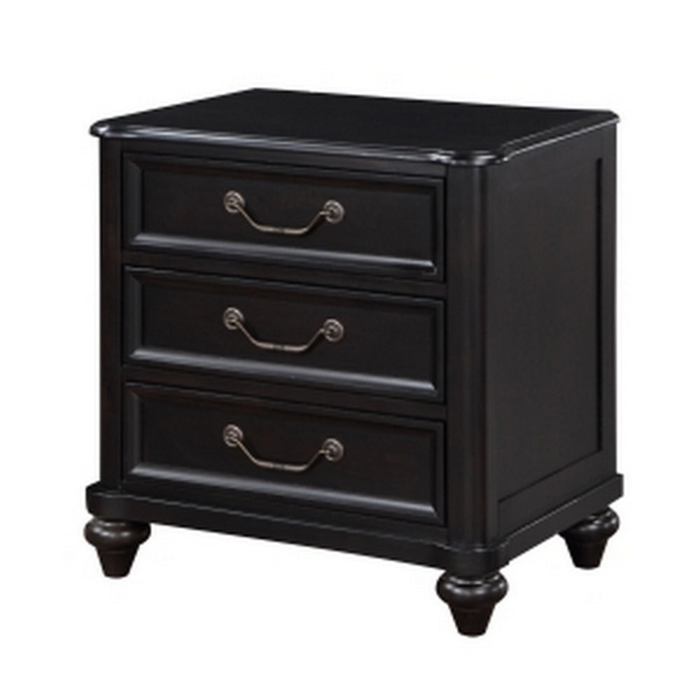 Benjara Vix 27 Inch Nightstand, 3 Drawers, Molded Design Pewter Drop Handles, Black