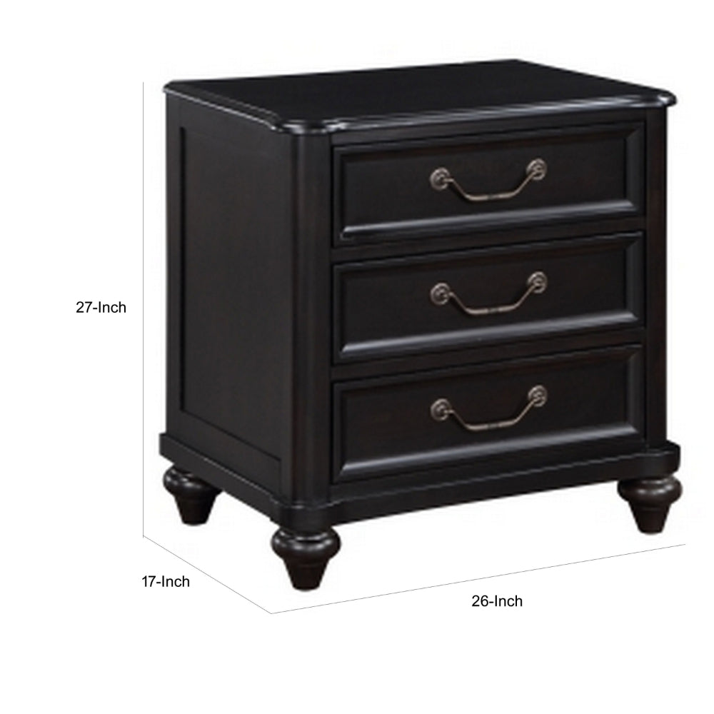 Benjara Vix 27 Inch Nightstand, 3 Drawers, Molded Design Pewter Drop Handles, Black