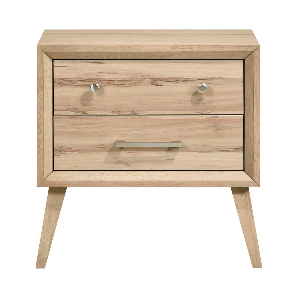 Benjara Kali 27 Inch Nightstand, 2 Drawers, Nickel Handles, Oak Brown Solid Wood