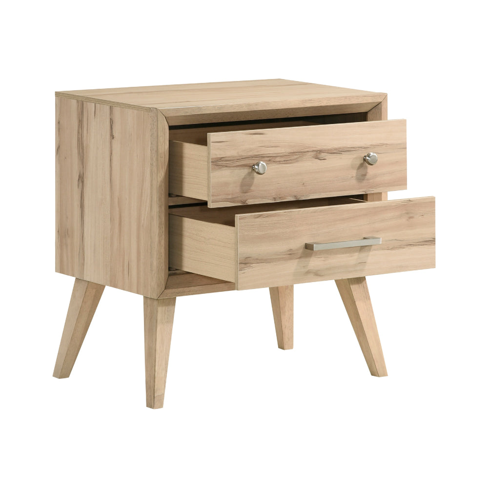 Benjara Kali 27 Inch Nightstand, 2 Drawers, Nickel Handles, Oak Brown Solid Wood