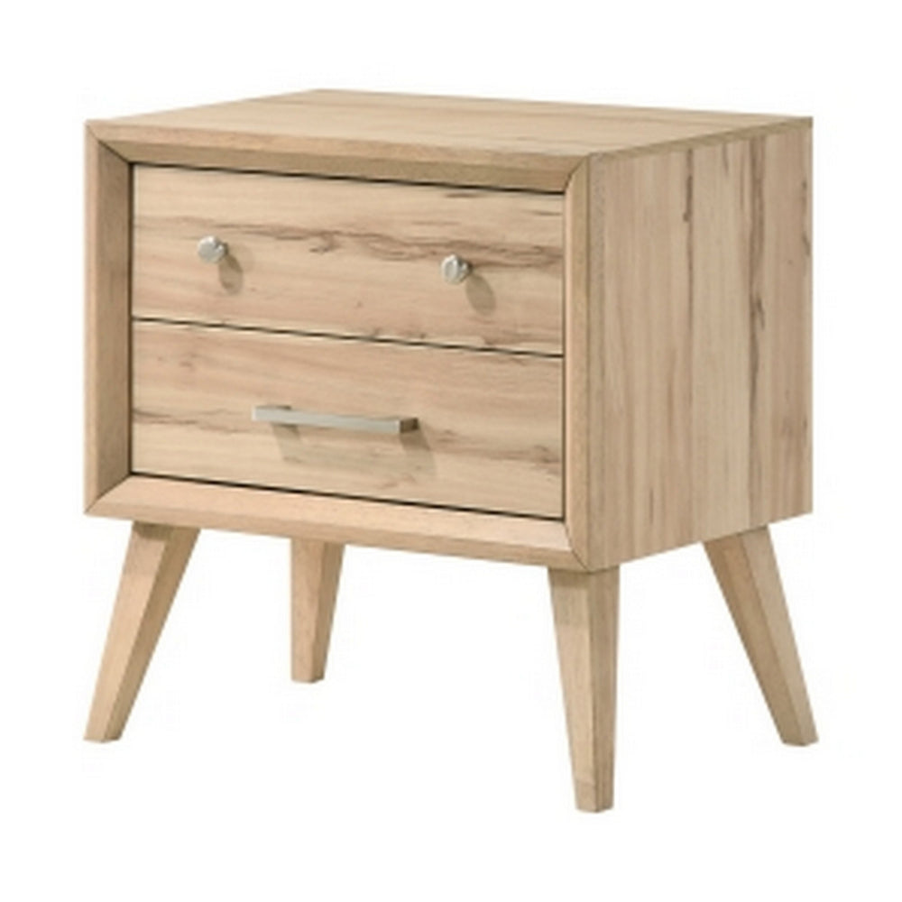 Benjara Kali 27 Inch Nightstand, 2 Drawers, Nickel Handles, Oak Brown Solid Wood