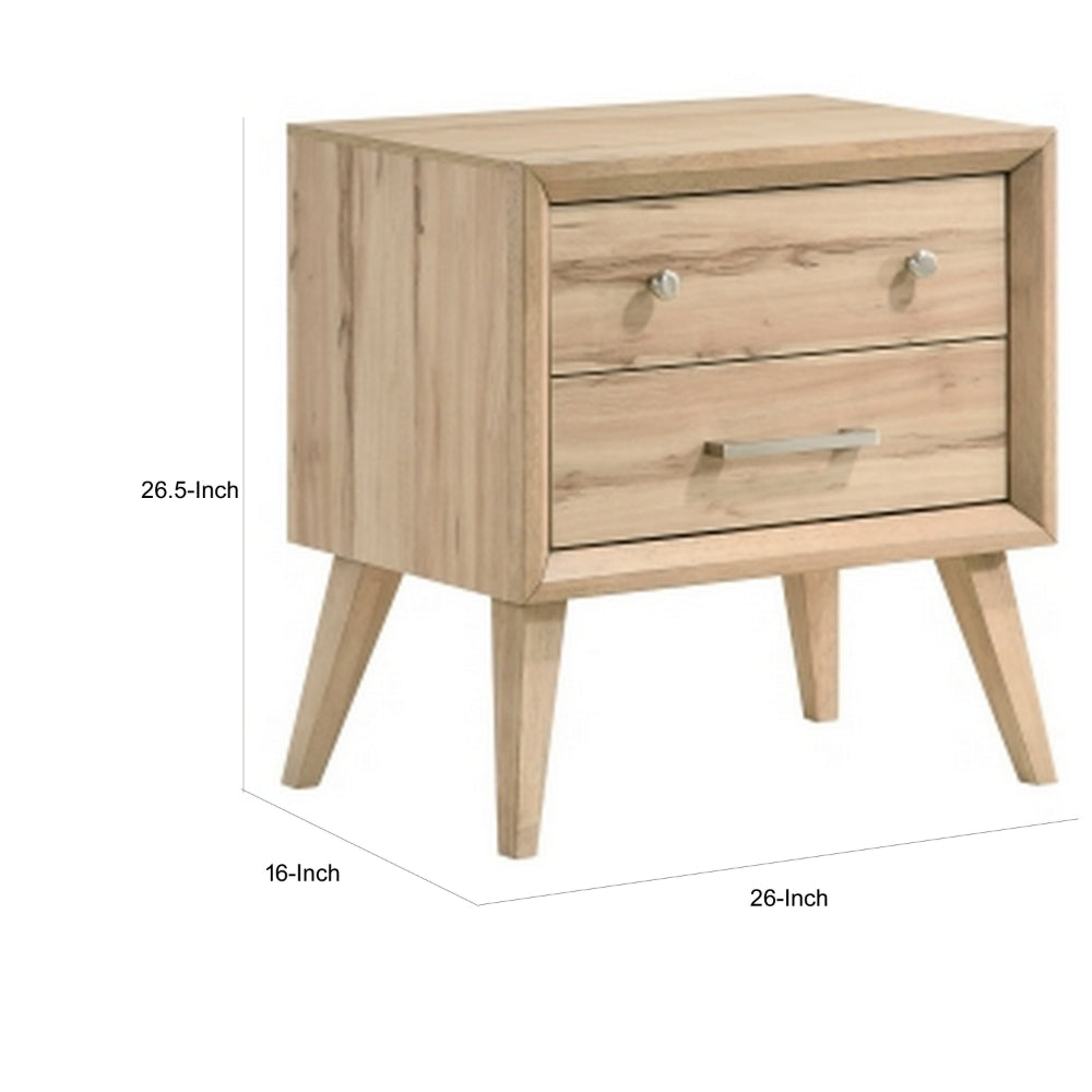 Benjara Kali 27 Inch Nightstand, 2 Drawers, Nickel Handles, Oak Brown Solid Wood