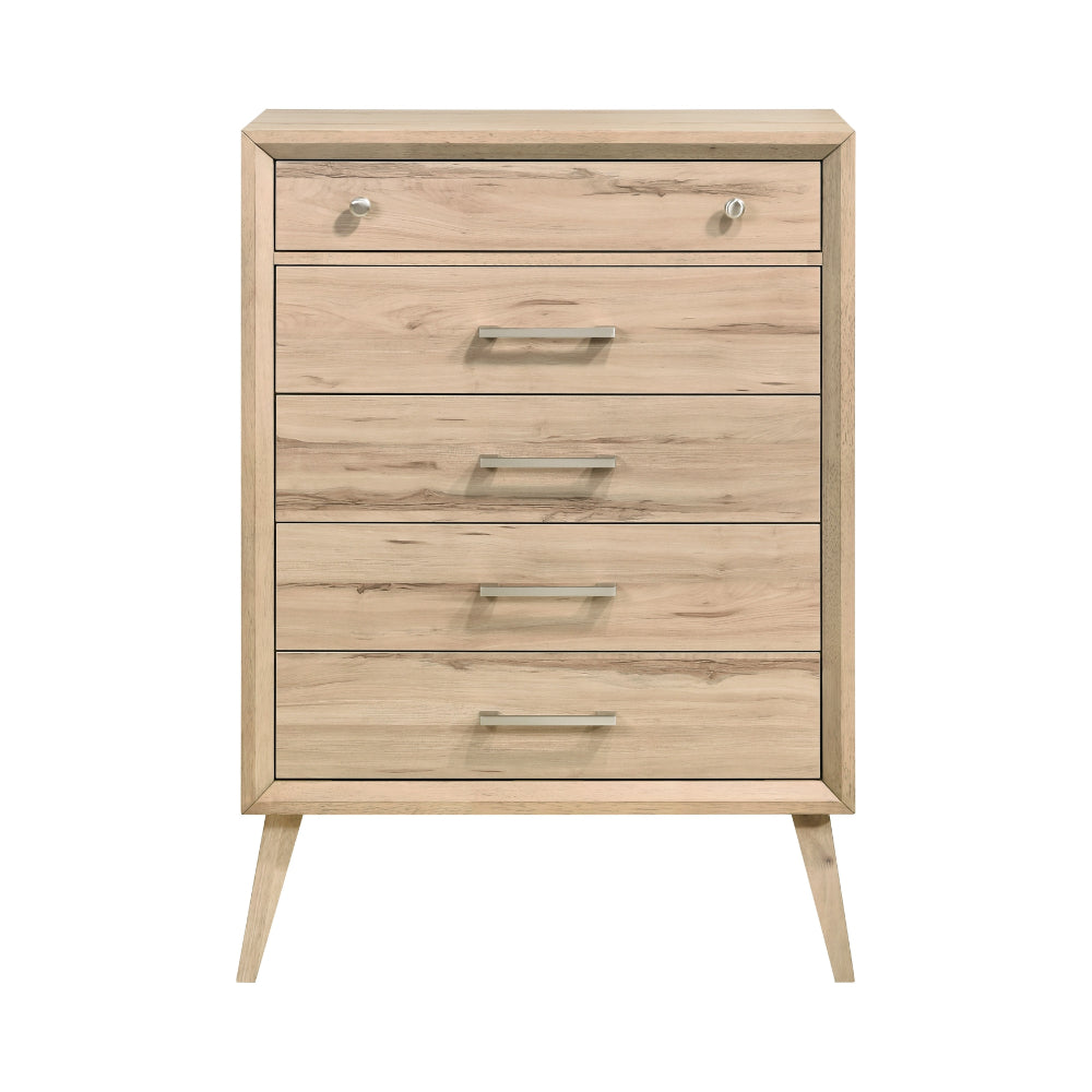 Benjara Kali 49 Inch Tall Dresser Chest, 5 Drawers, Nickel Handles, Oak Brown Wood