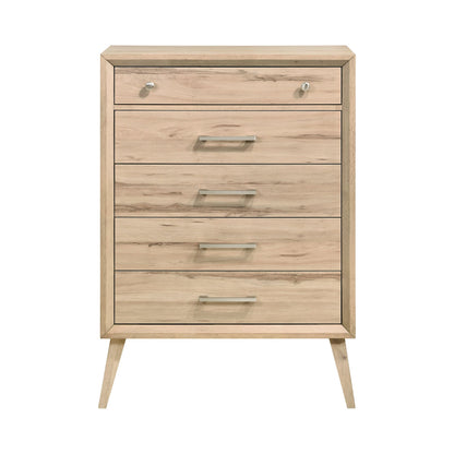 Benjara Kali 49 Inch Tall Dresser Chest, 5 Drawers, Nickel Handles, Oak Brown Wood