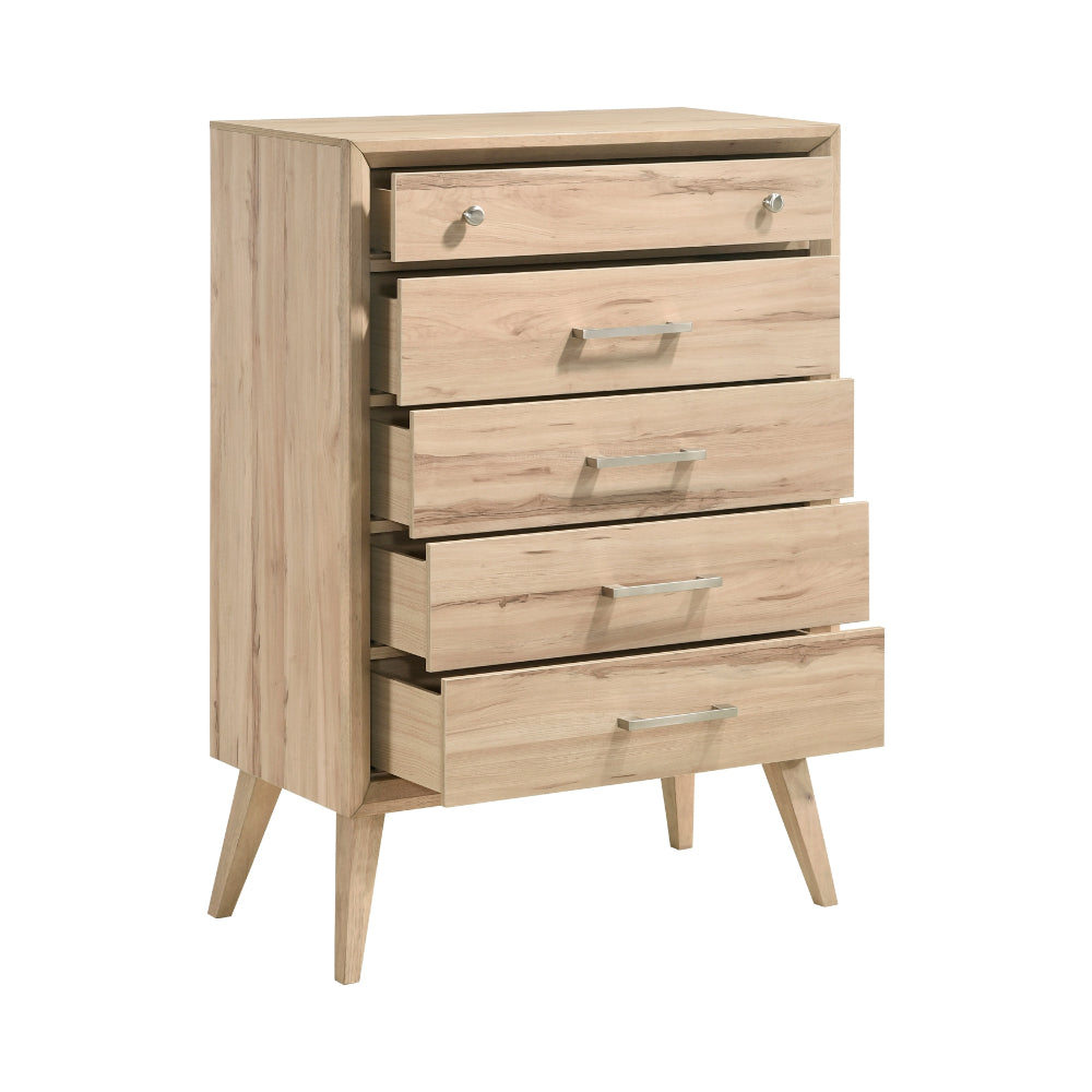 Benjara Kali 49 Inch Tall Dresser Chest, 5 Drawers, Nickel Handles, Oak Brown Wood