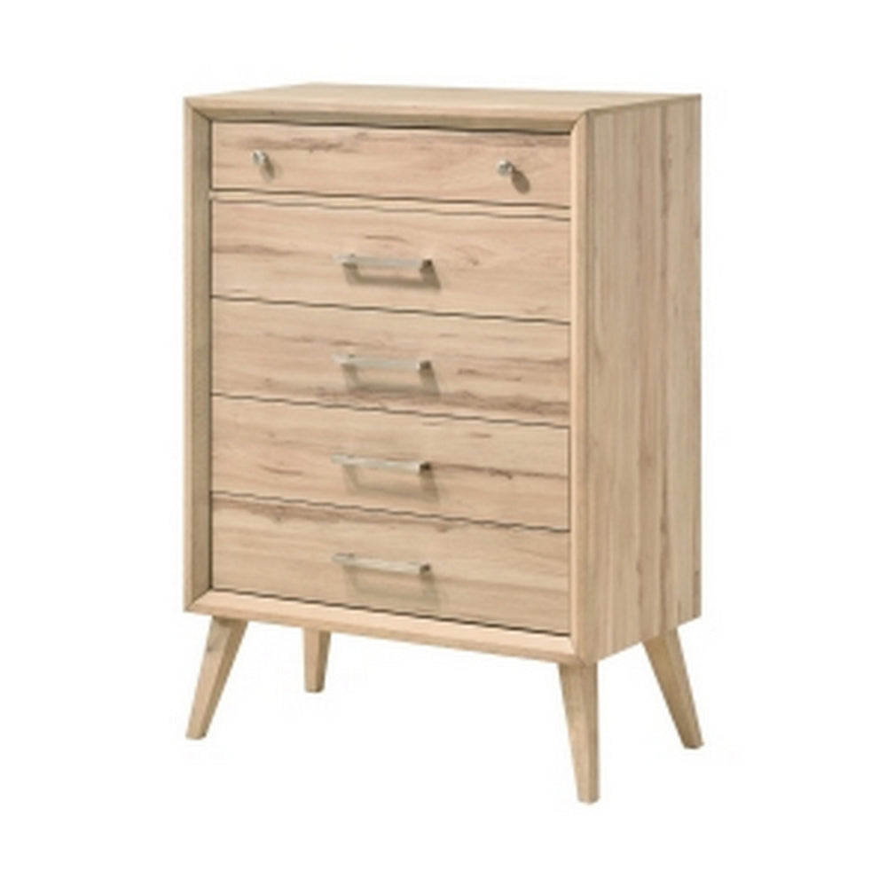 Benjara Kali 49 Inch Tall Dresser Chest, 5 Drawers, Nickel Handles, Oak Brown Wood