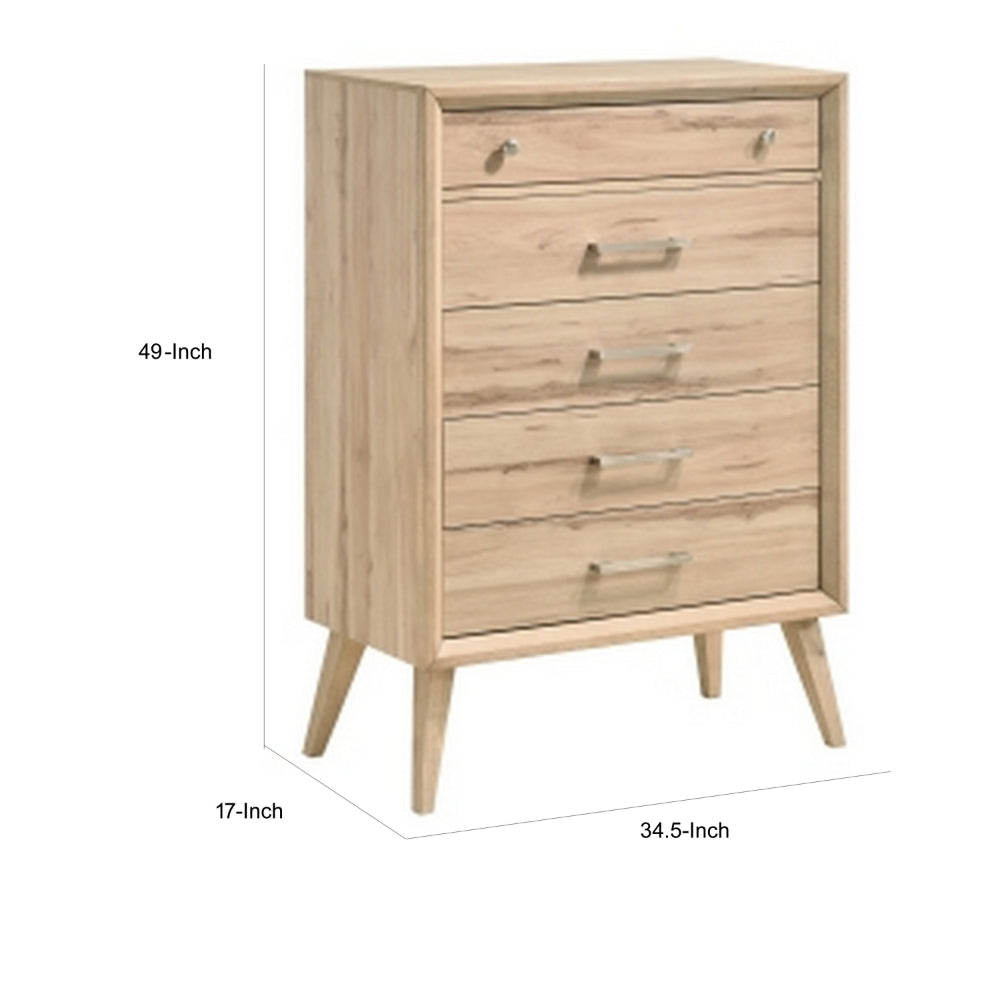 Benjara Kali 49 Inch Tall Dresser Chest, 5 Drawers, Nickel Handles, Oak Brown Wood