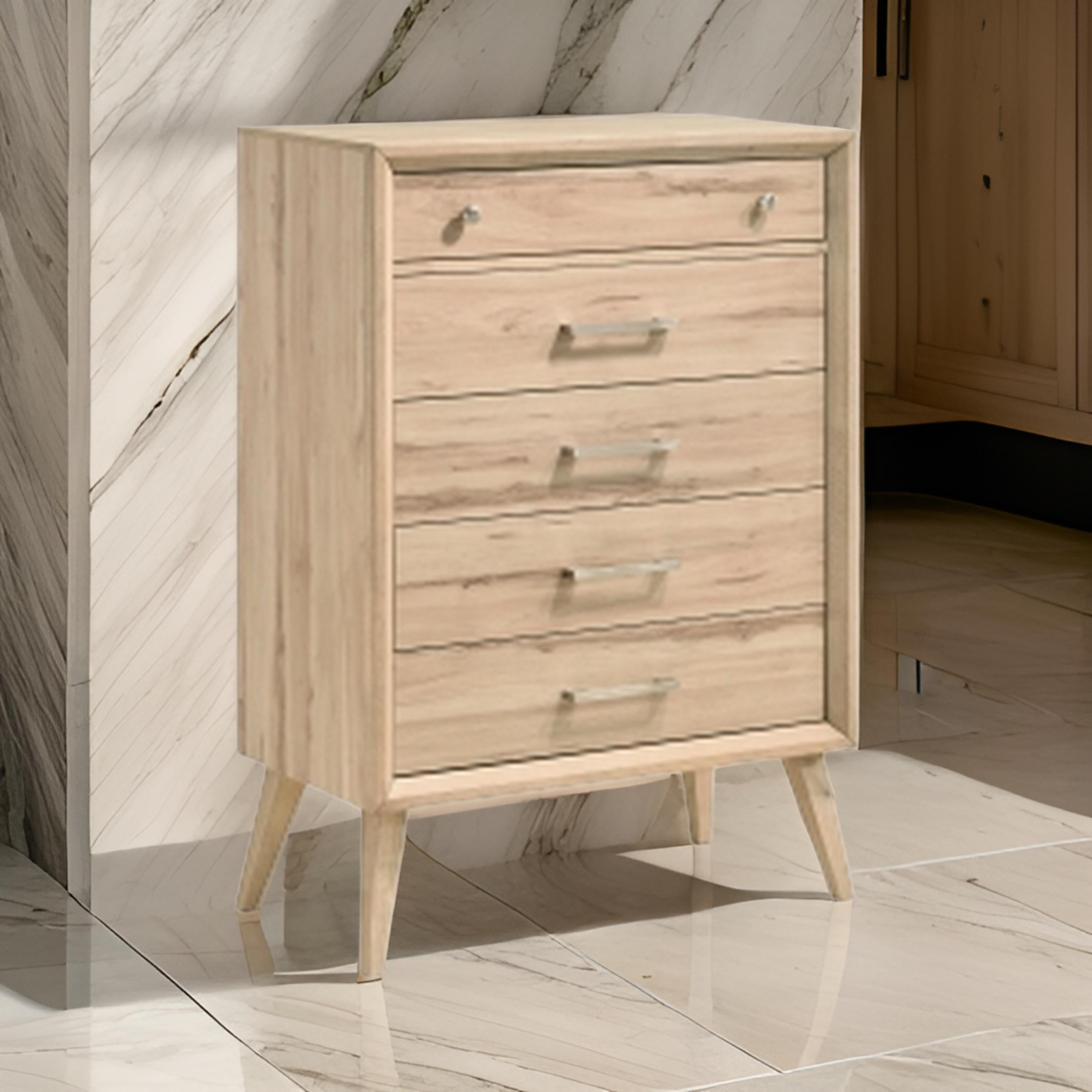 Benjara Kali 49 Inch Tall Dresser Chest, 5 Drawers, Nickel Handles, Oak Brown Wood