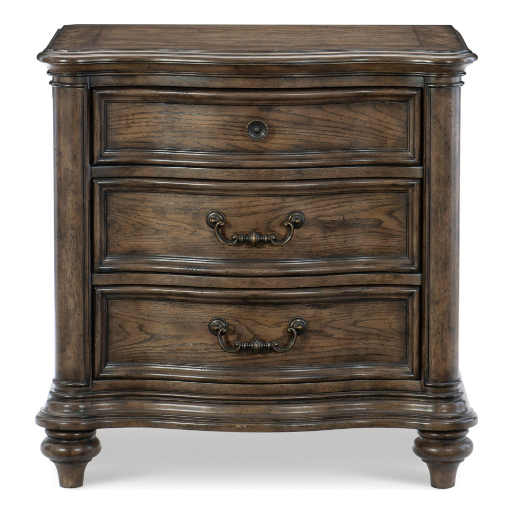 Benjara Deborah 30 Inch Nightstand, 3 Drawers, Bronze Drop Handles, Brown Wood
