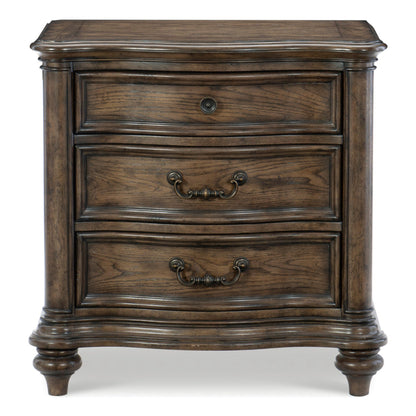 Benjara Deborah 30 Inch Nightstand, 3 Drawers, Bronze Drop Handles, Brown Wood