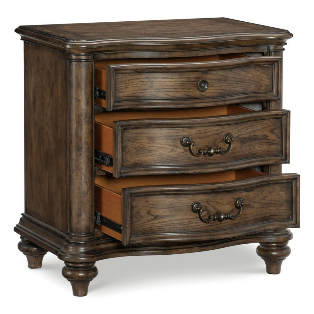 Benjara Deborah 30 Inch Nightstand, 3 Drawers, Bronze Drop Handles, Brown Wood