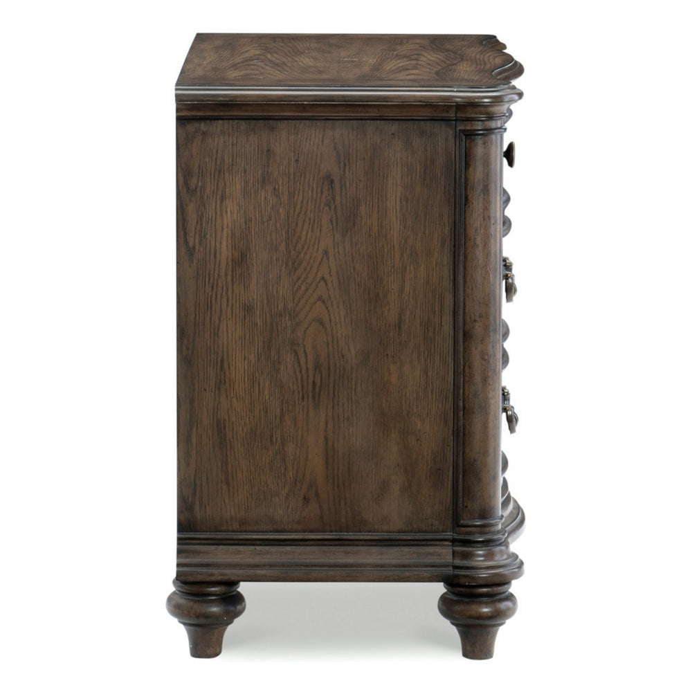 Benjara Deborah 30 Inch Nightstand, 3 Drawers, Bronze Drop Handles, Brown Wood