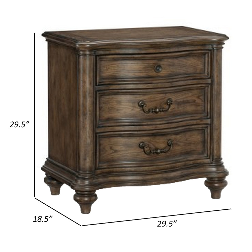 Benjara Deborah 30 Inch Nightstand, 3 Drawers, Bronze Drop Handles, Brown Wood